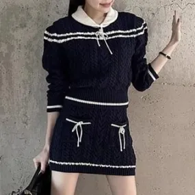 Set: Collared Striped Cable Knit Sweater   Mid Rise Mini Pencil Skirt