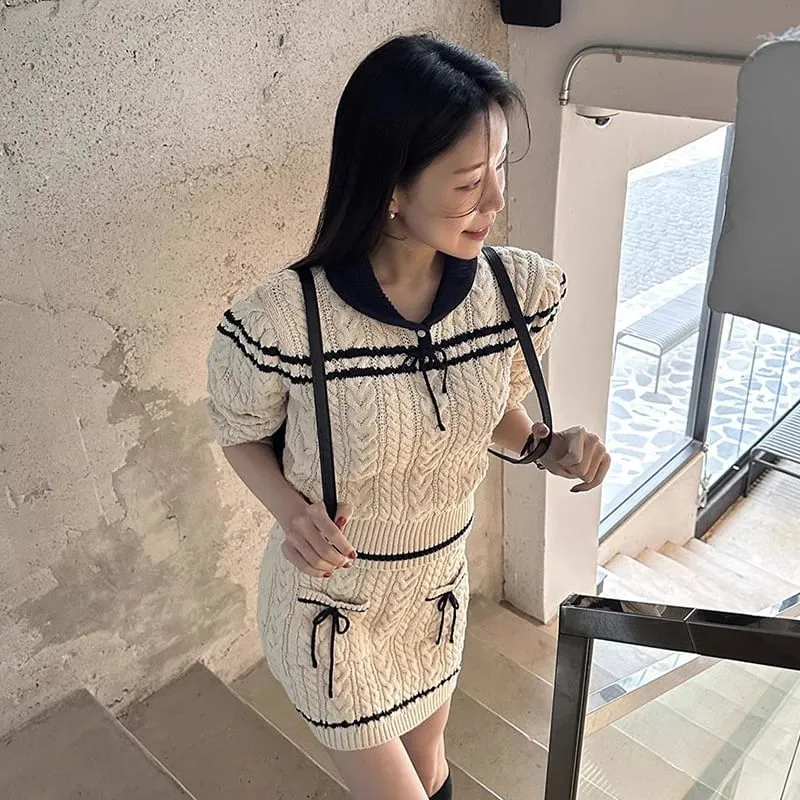 Set: Collared Striped Cable Knit Sweater   Mid Rise Mini Pencil Skirt