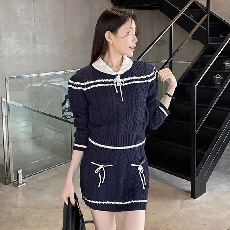 Set: Collared Striped Cable Knit Sweater   Mid Rise Mini Pencil Skirt