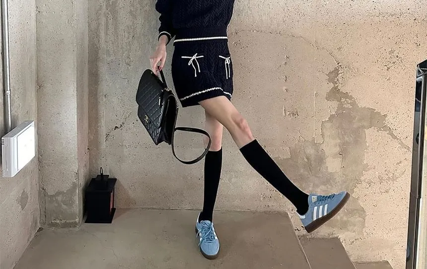 Set: Collared Striped Cable Knit Sweater   Mid Rise Mini Pencil Skirt