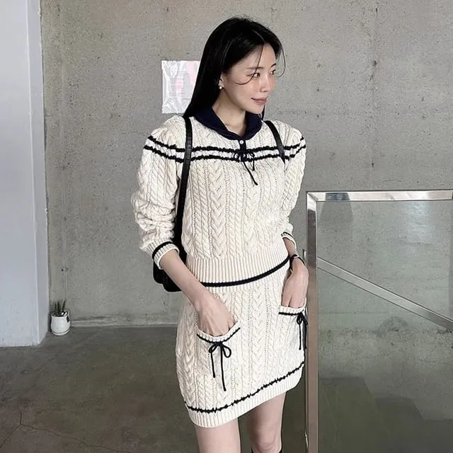 Set: Collared Striped Cable Knit Sweater   Mid Rise Mini Pencil Skirt