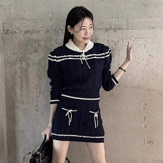 Set: Collared Striped Cable Knit Sweater   Mid Rise Mini Pencil Skirt