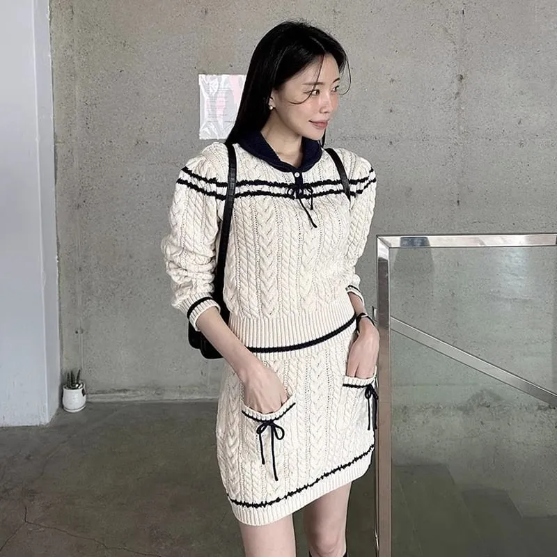 Set: Collared Striped Cable Knit Sweater   Mid Rise Mini Pencil Skirt