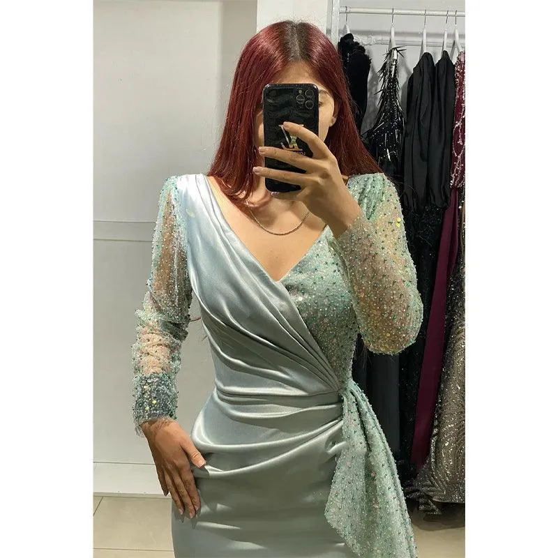 Sheath Sexy V-neck Long Sleeves Sequins Long Formal Evening Gowns