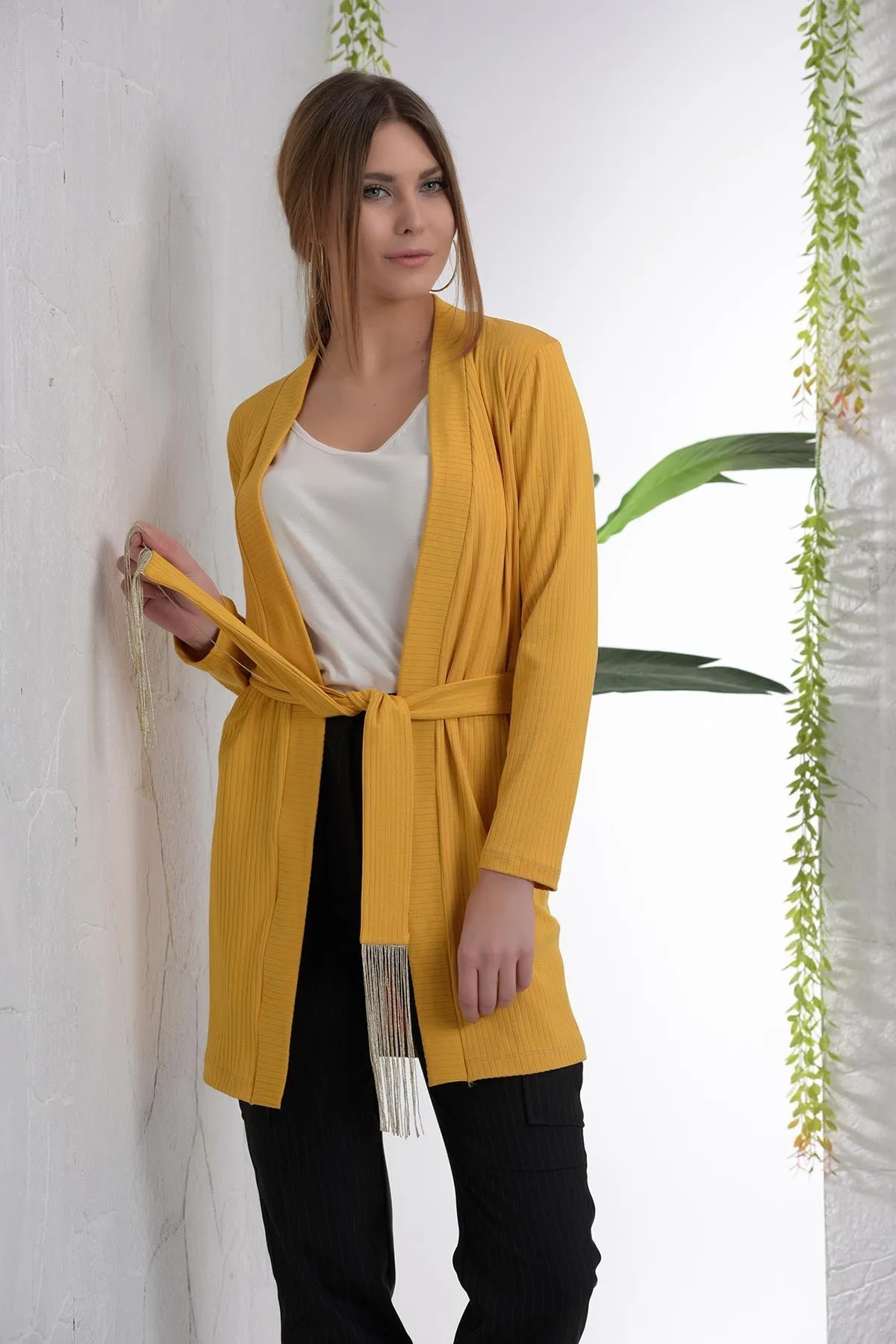 Sidiou Group Women Belted Mustard Jacket