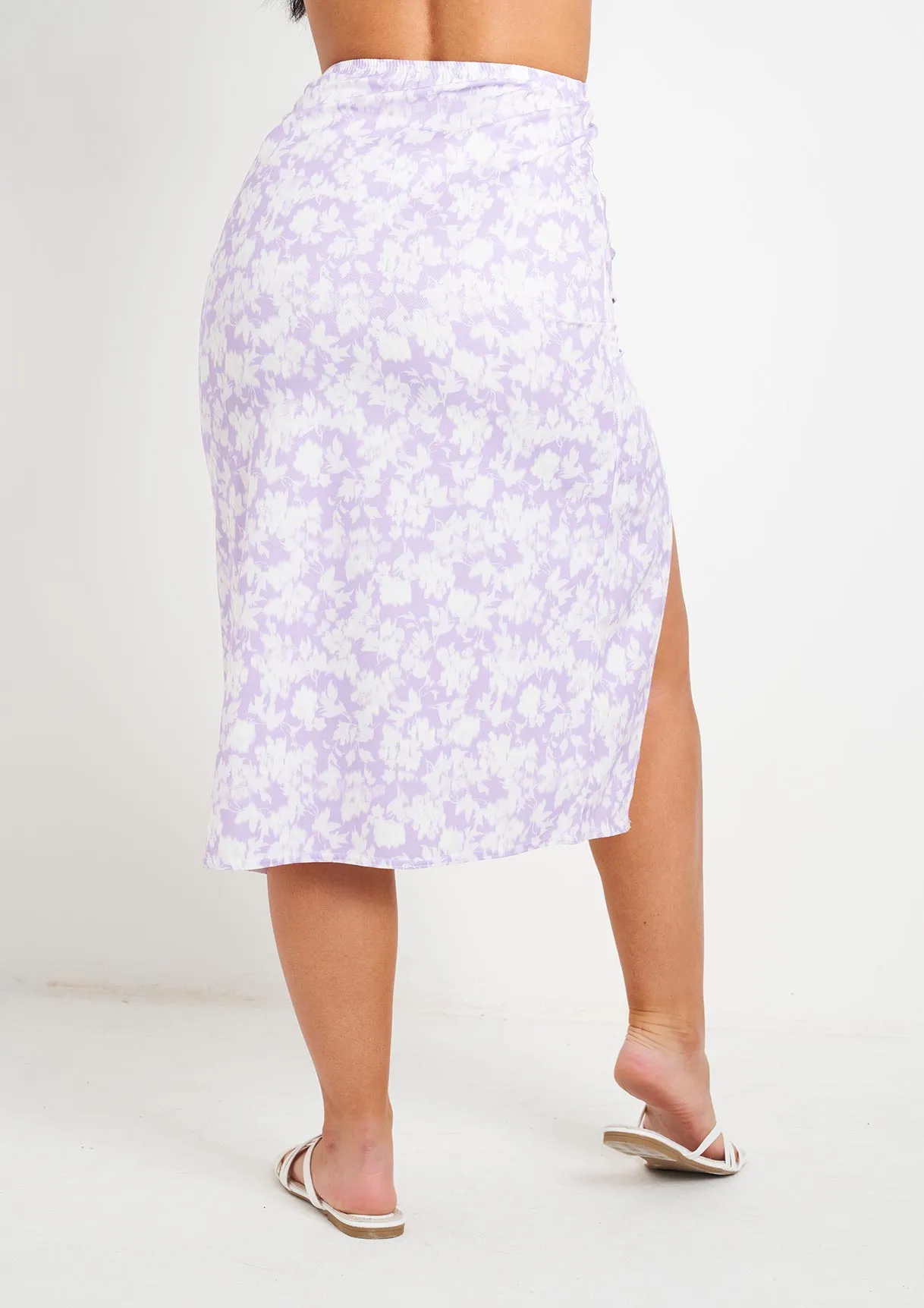 Sienna Lilac Floral Print Midi Skirt With Slit
