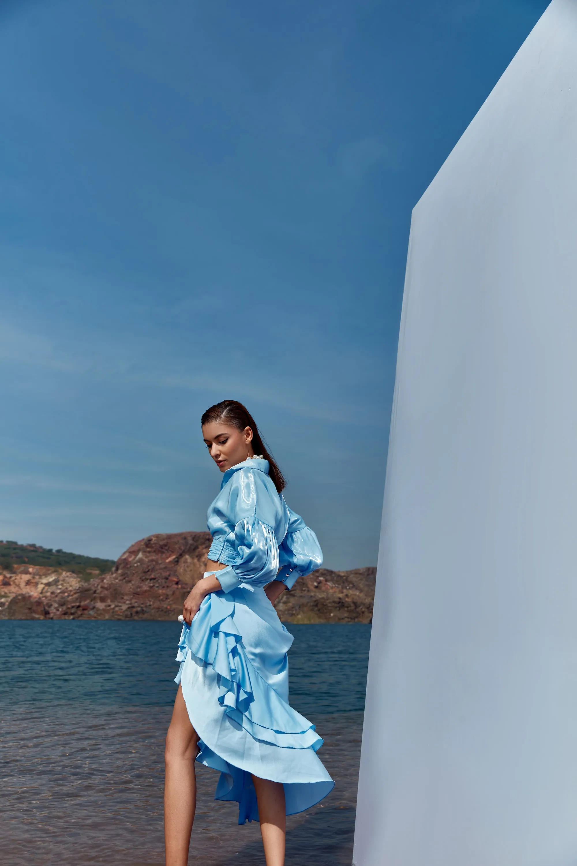 Sky-blue escape frill skirt with organza top