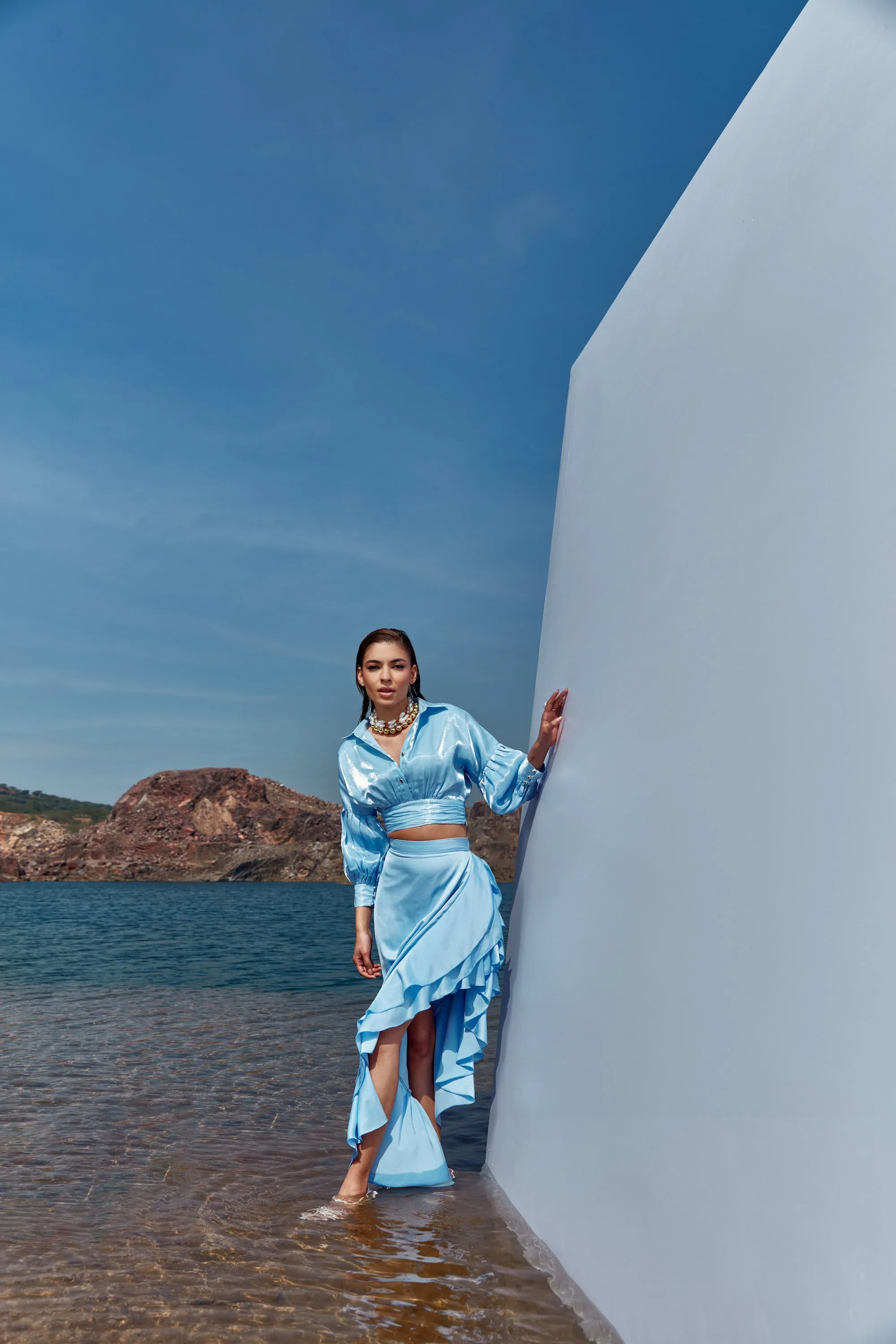 Sky-blue escape frill skirt with organza top