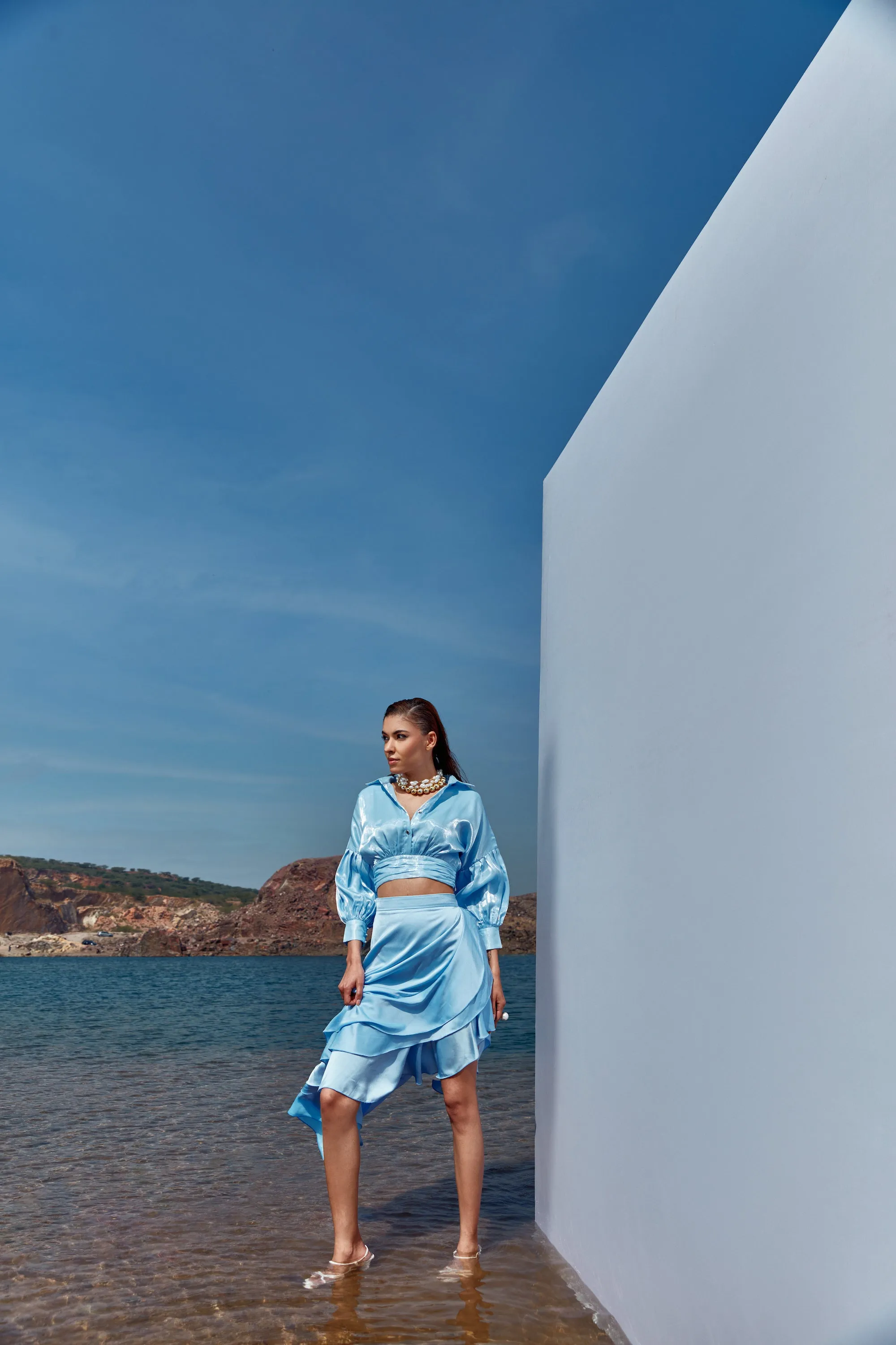 Sky-blue escape frill skirt with organza top