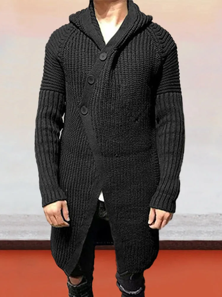 Slanted Button Hooded Long Sweater Coat