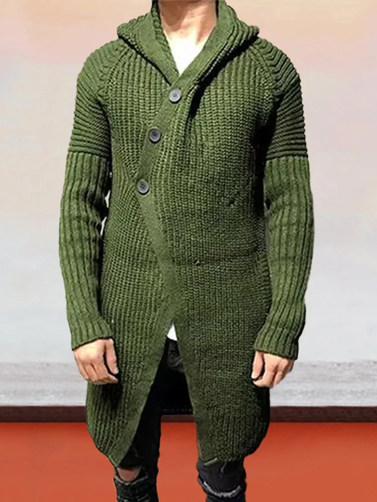 Slanted Button Hooded Long Sweater Coat