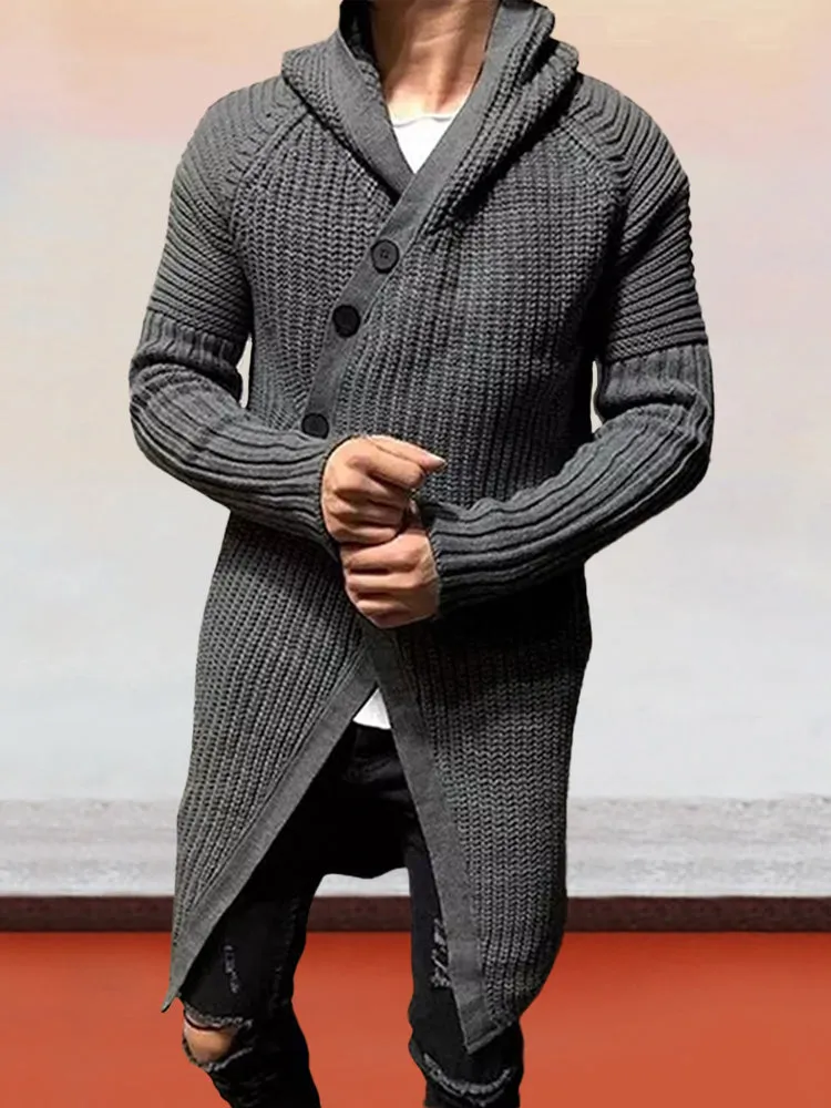Slanted Button Hooded Long Sweater Coat