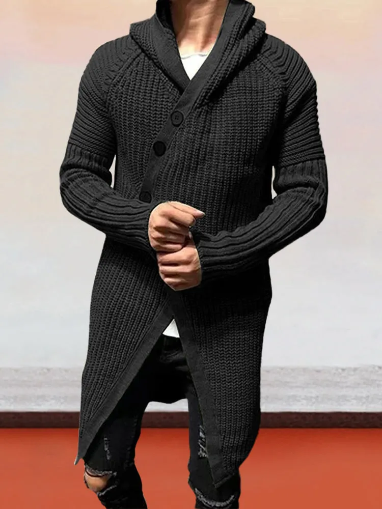 Slanted Button Hooded Long Sweater Coat