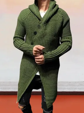 Slanted Button Hooded Long Sweater Coat