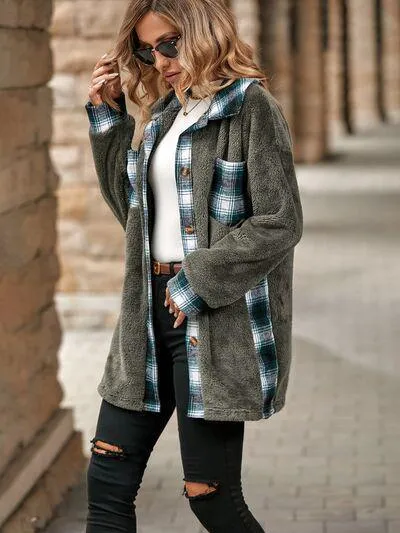 Soft Plaid Button Down Faux Fleece Teddy Coat