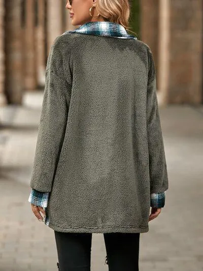 Soft Plaid Button Down Faux Fleece Teddy Coat