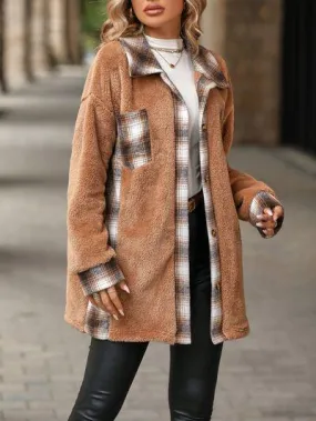 Soft Plaid Button Down Faux Fleece Teddy Coat