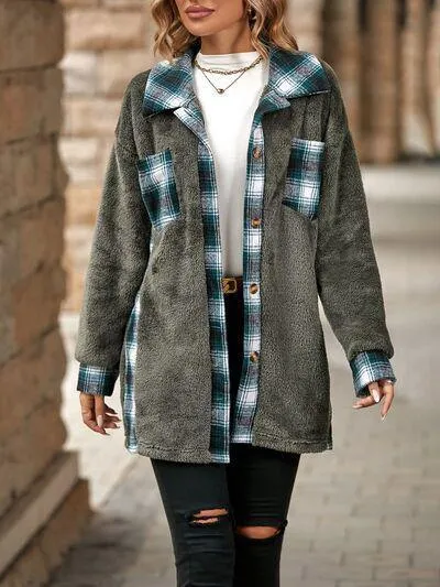 Soft Plaid Button Down Faux Fleece Teddy Coat
