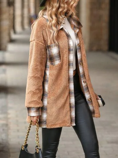 Soft Plaid Button Down Faux Fleece Teddy Coat