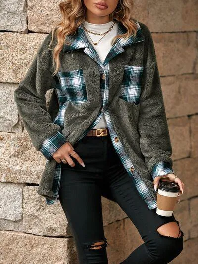 Soft Plaid Button Down Faux Fleece Teddy Coat