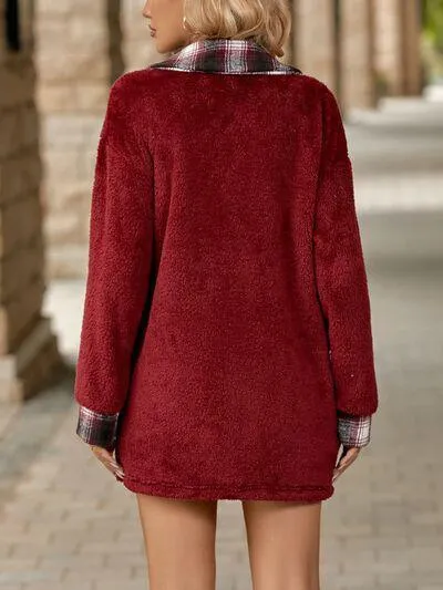 Soft Plaid Button Down Faux Fleece Teddy Coat