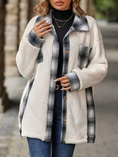 Soft Plaid Button Down Faux Fleece Teddy Coat
