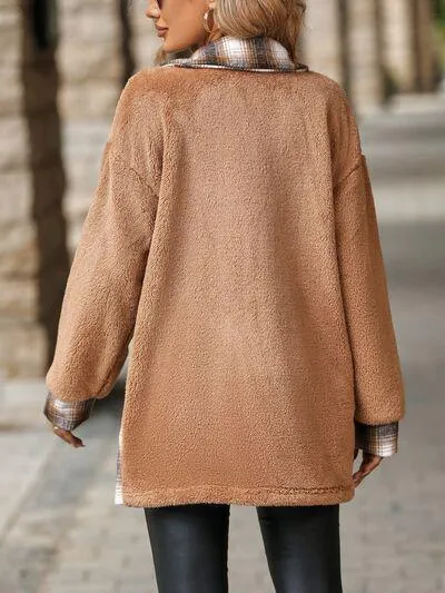 Soft Plaid Button Down Faux Fleece Teddy Coat