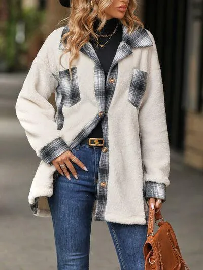 Soft Plaid Button Down Faux Fleece Teddy Coat