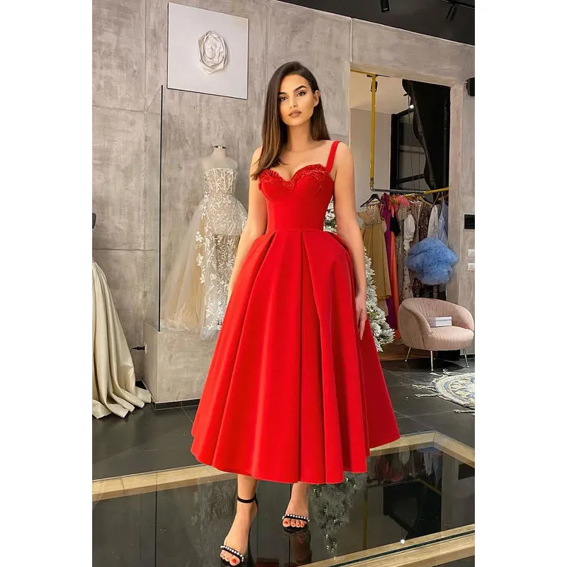 Sweetheart Ruffled Satin A-Line Midi Prom Evening Gown