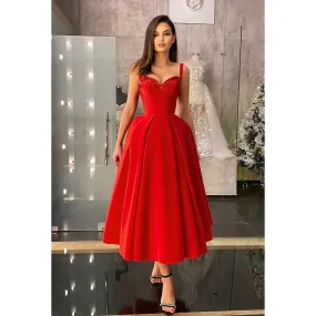 Sweetheart Ruffled Satin A-Line Midi Prom Evening Gown