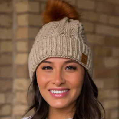 Tan Cable Knit Beanie Hat with Fur Pom