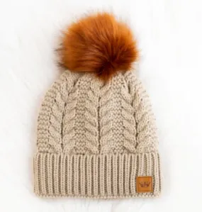 Tan Cable Knit Beanie Hat with Fur Pom