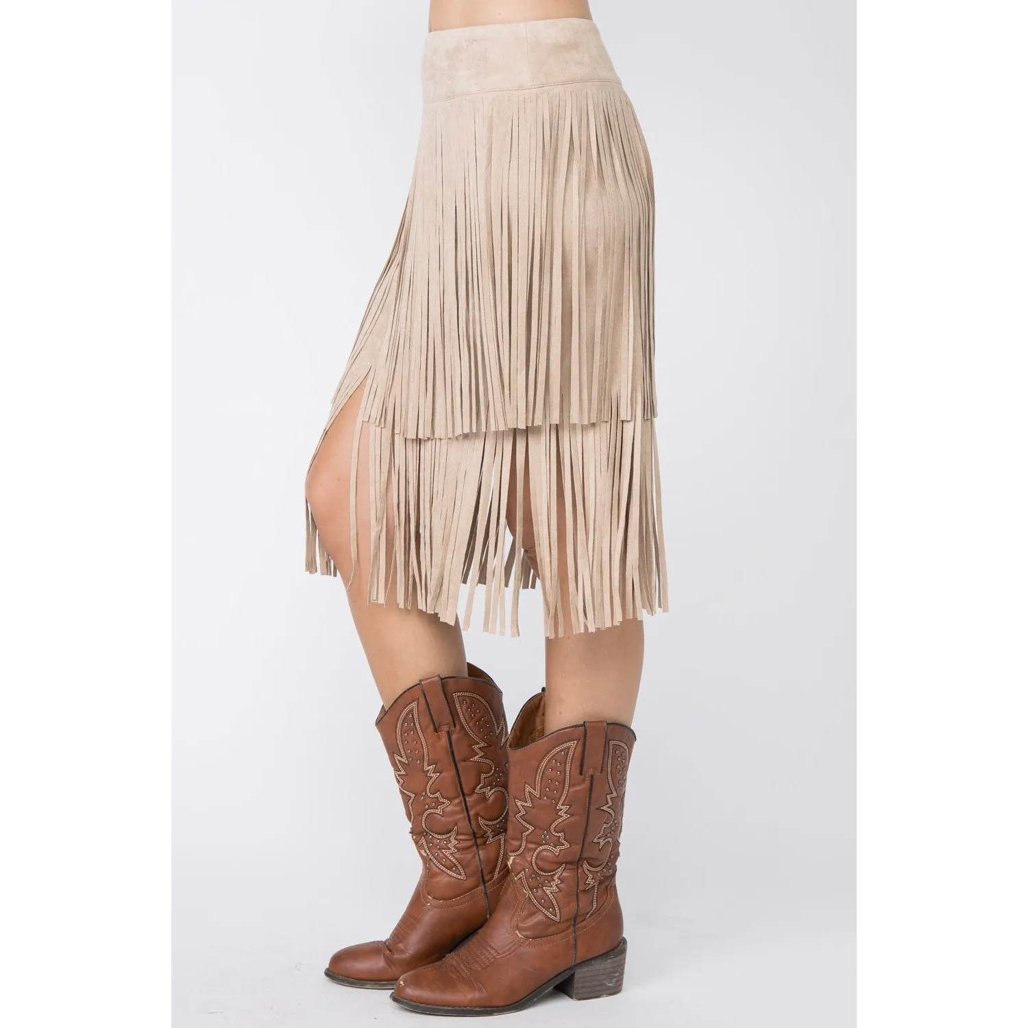 The Nashville Nights Taupe Suede Fringe Skirt