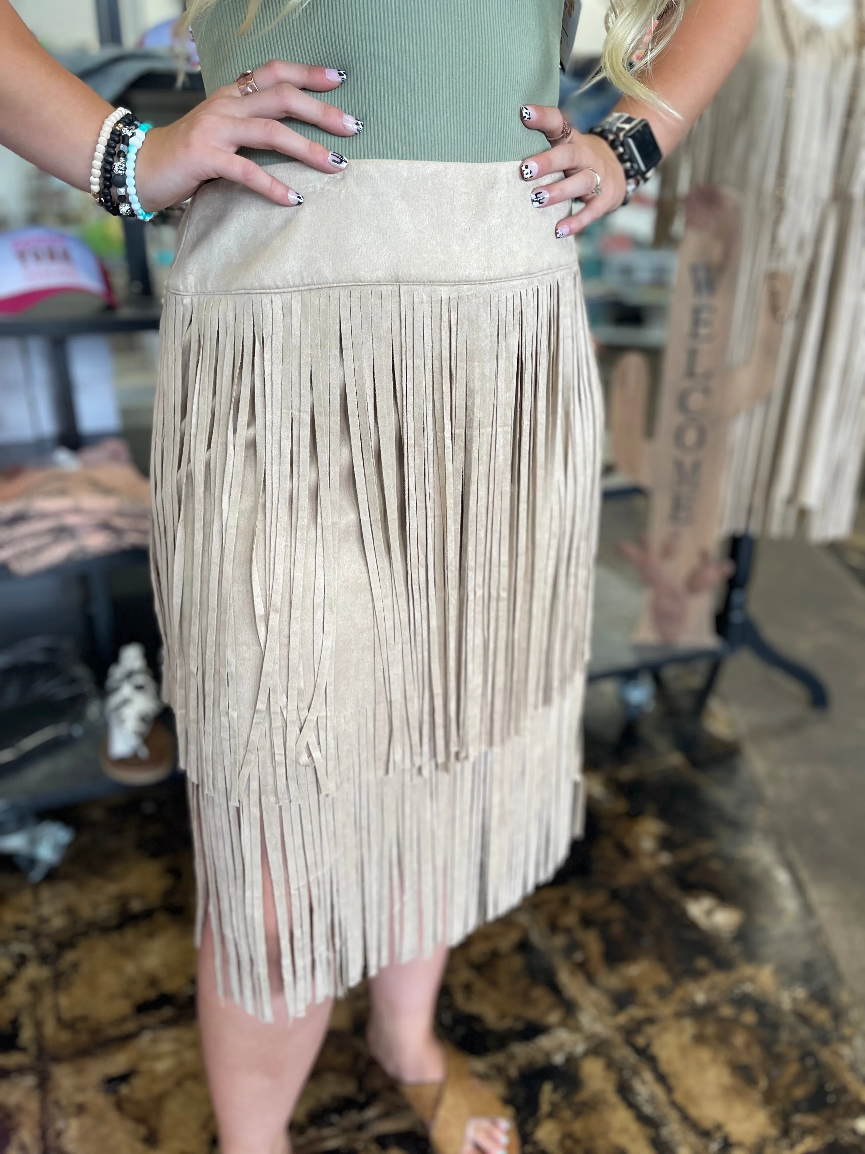 The Nashville Nights Taupe Suede Fringe Skirt