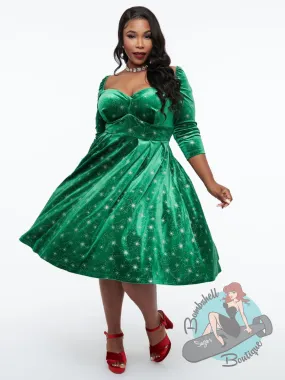 Unique Vintage Green Velvet Lamar Swing Dress
