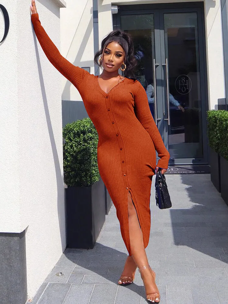 V Neck Long Sleeve Button Down Split Dress