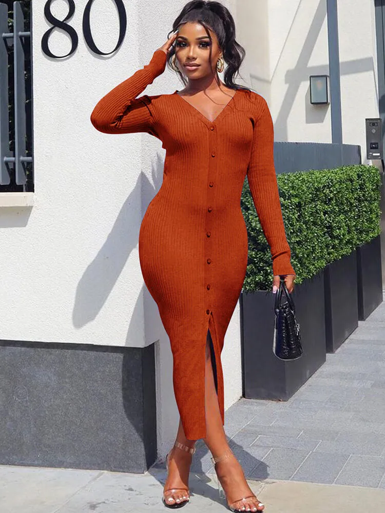 V Neck Long Sleeve Button Down Split Dress