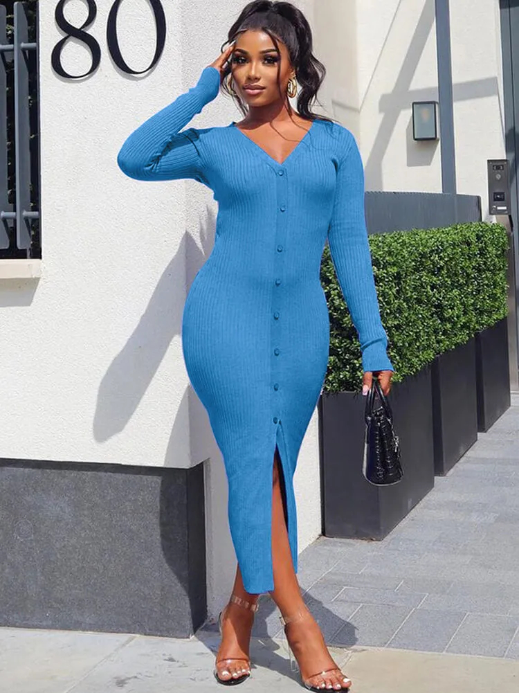 V Neck Long Sleeve Button Down Split Dress