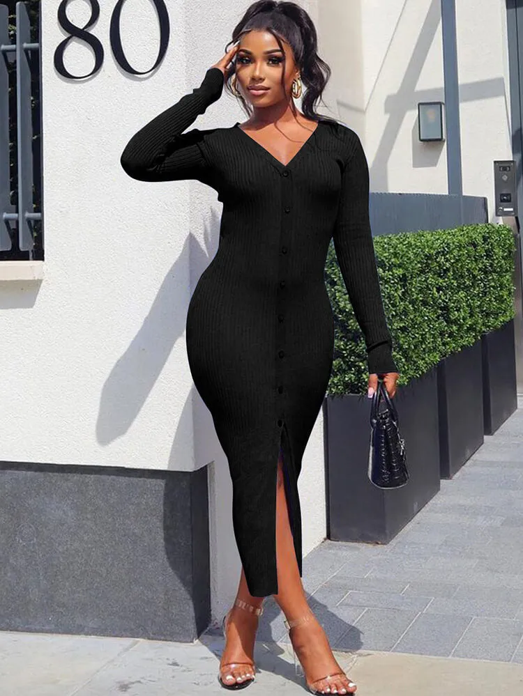 V Neck Long Sleeve Button Down Split Dress