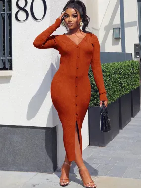 V Neck Long Sleeve Button Down Split Dress