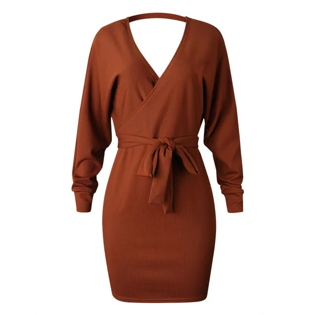 V Neck Sweater Sashes Bodycon Dress Long Sleeve