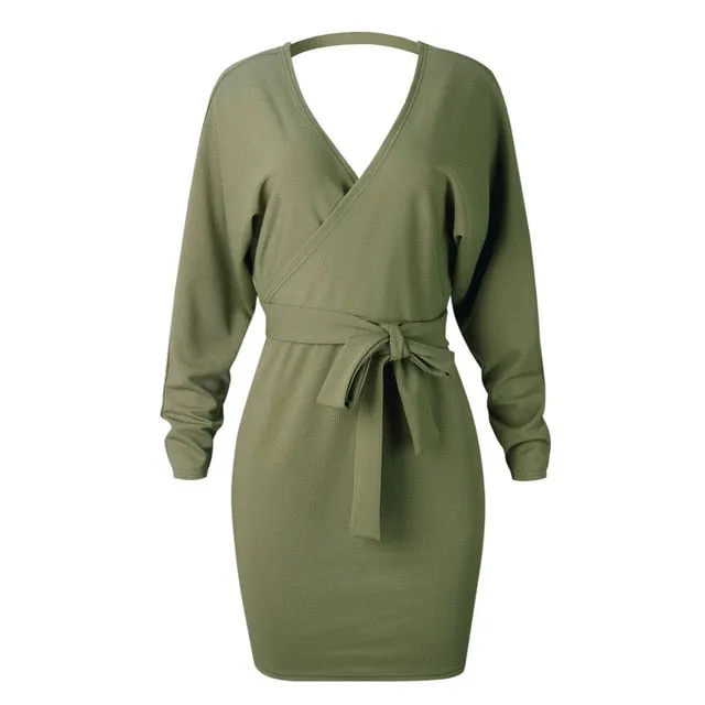 V Neck Sweater Sashes Bodycon Dress Long Sleeve