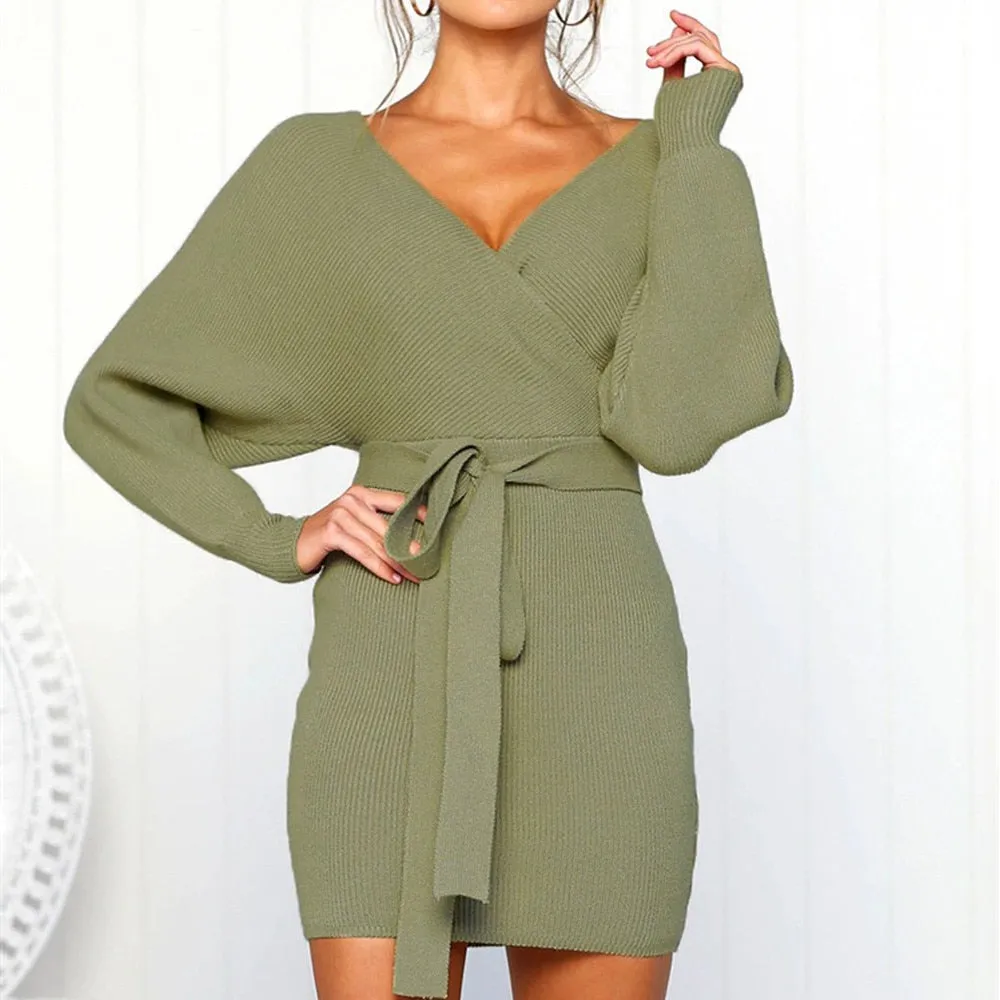 V Neck Sweater Sashes Bodycon Dress Long Sleeve