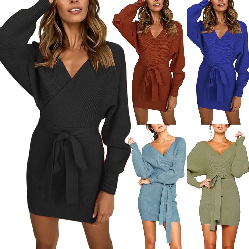 V Neck Sweater Sashes Bodycon Dress Long Sleeve