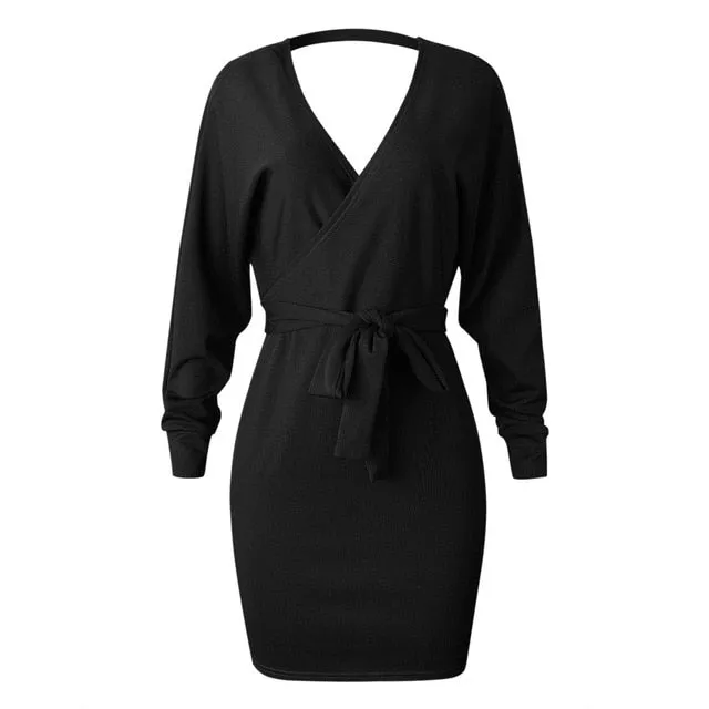 V Neck Sweater Sashes Bodycon Dress Long Sleeve