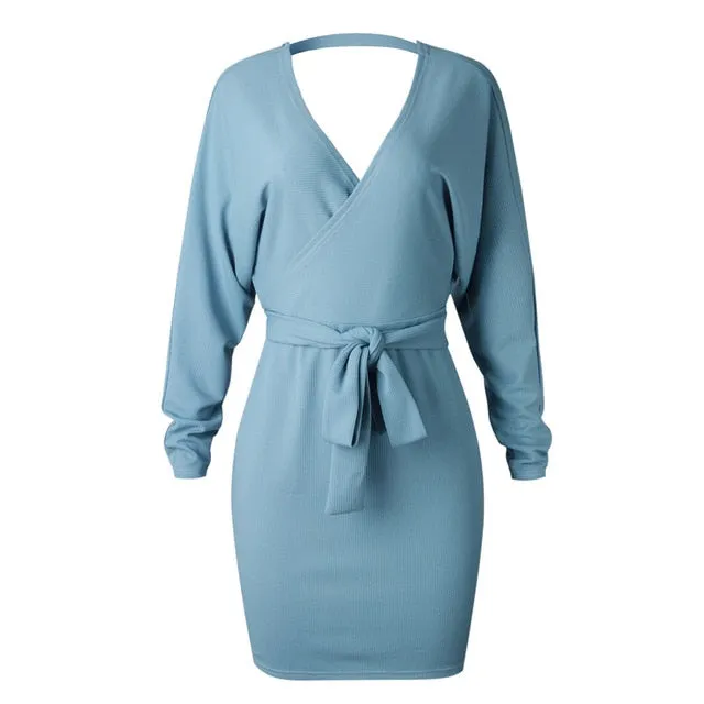 V Neck Sweater Sashes Bodycon Dress Long Sleeve