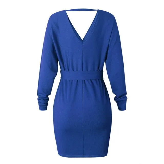 V Neck Sweater Sashes Bodycon Dress Long Sleeve