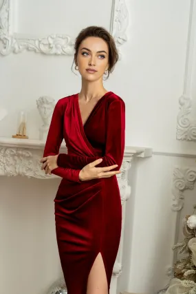 Velvet Split Bodycon Long Sleeve Bridesmaid Dress Wedding Guest Dress Winter Christmas Cocktail Dress
