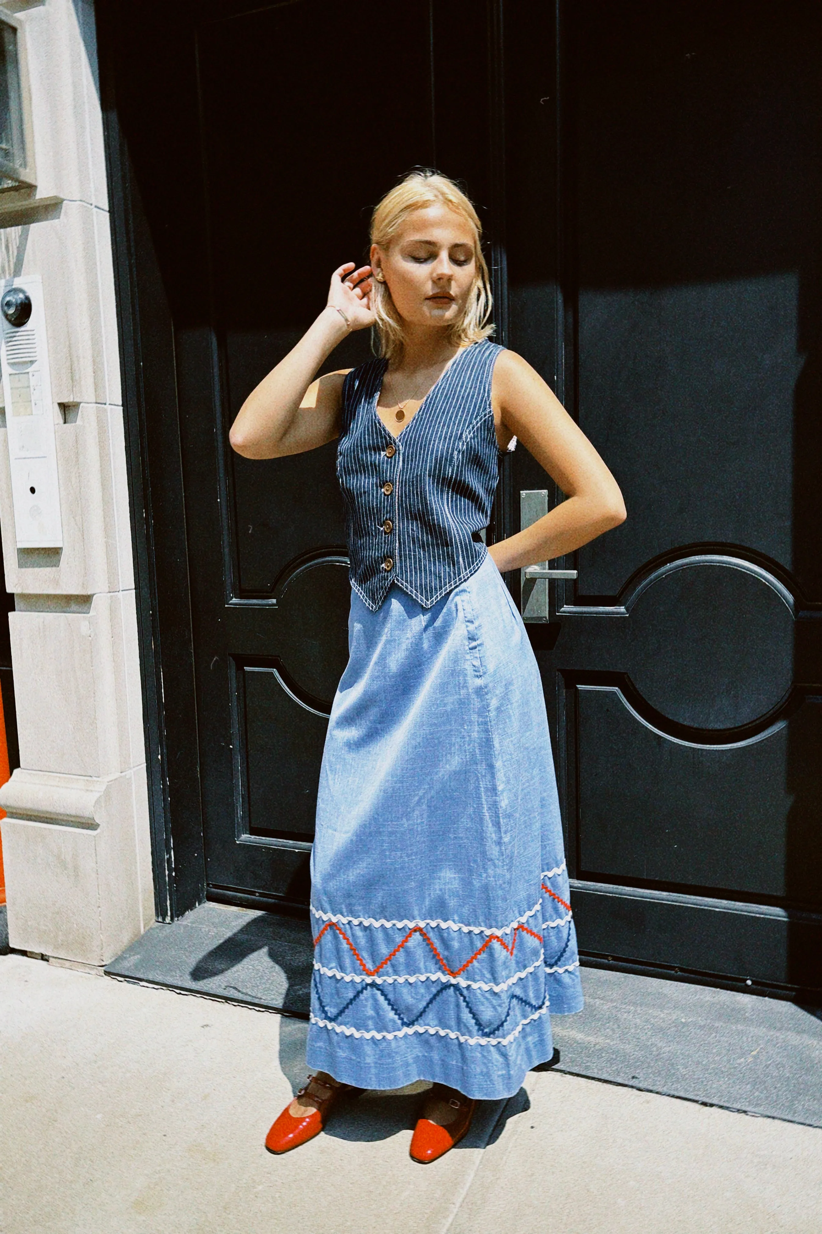 VINTAGE CHAMBRAY RICK RACK MIDI SKIRT