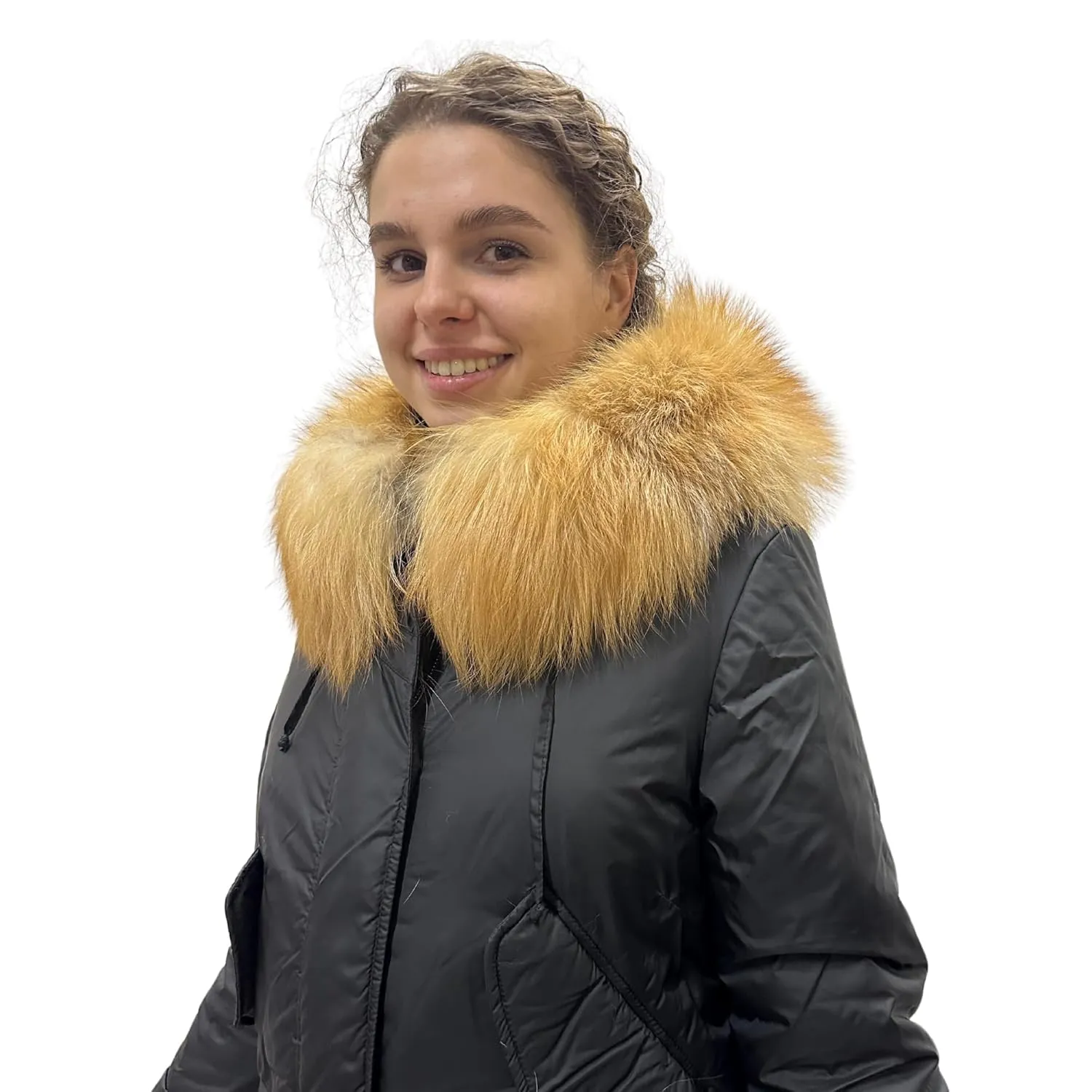 Warm Women's Mid-Length Puffer Coat with Hood and Natural Fur – Elegant and Cozy (S)